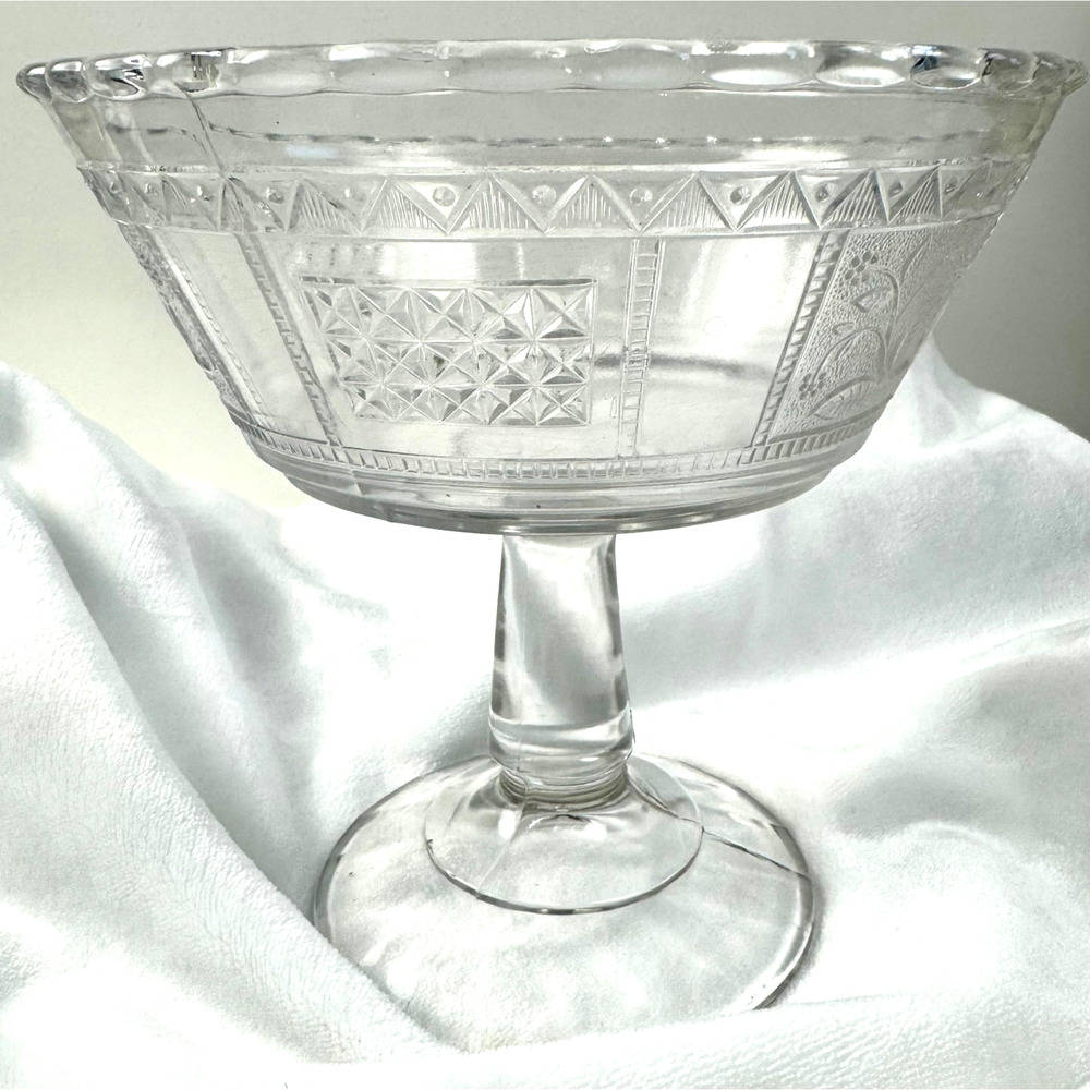 Antique Bryce Bros. Paneled Forget Me Not Clear Pedestal Bowl EAPG 7" Diam.